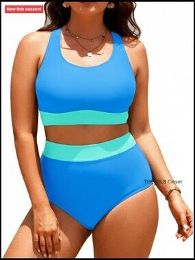 Plus Size High Waisted Bikini Set Sporty Scoop Neck Two Piece Swimsuits with
